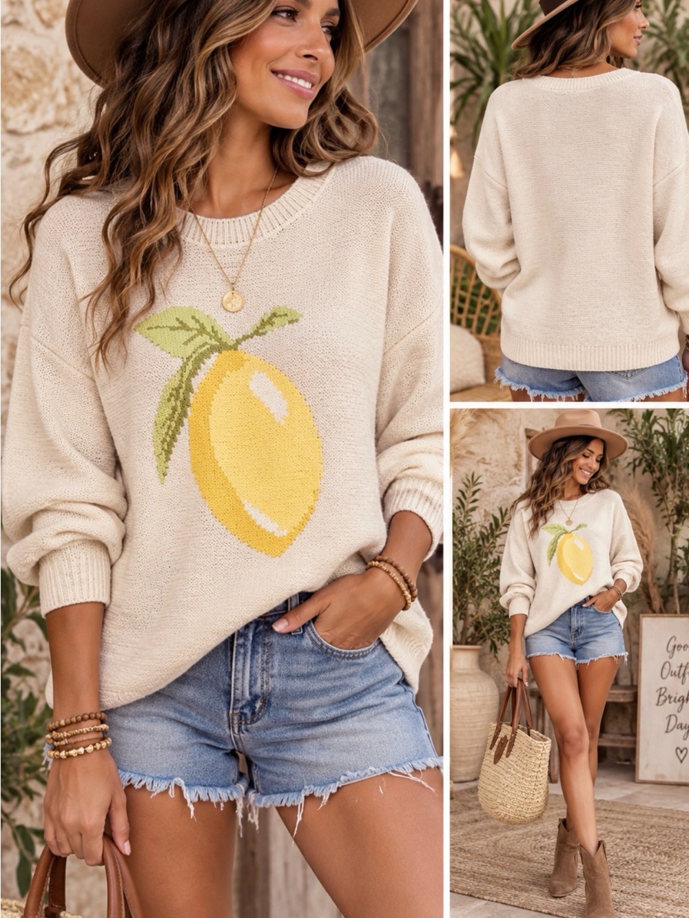 American Eagle AE Big Hug Lemon Graphic Oversized Sweater Cream S P2P 24’ -NWOT